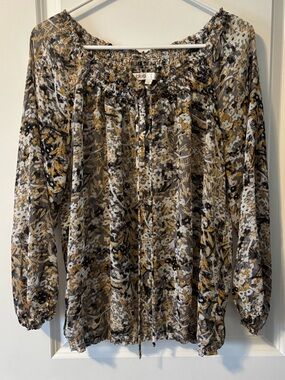 Cleo Petites, Floral Peasant Blouse in Mustard, Black & White